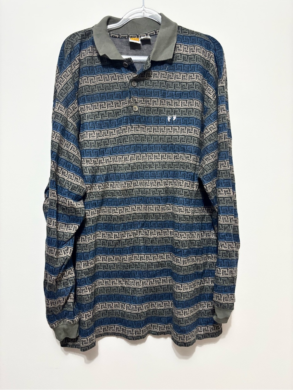 Vintage 80s Hang Ten XL Greek Key Geometric Cotton Knit Long Sleeve Polo
